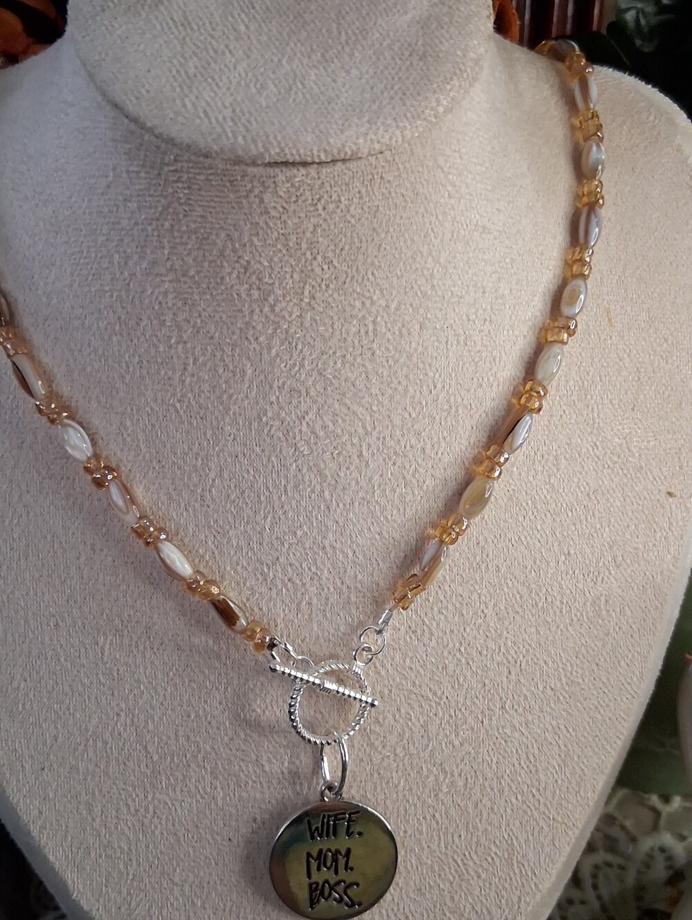 Wife Mom Boss Gold Beaded Pendant Necklace